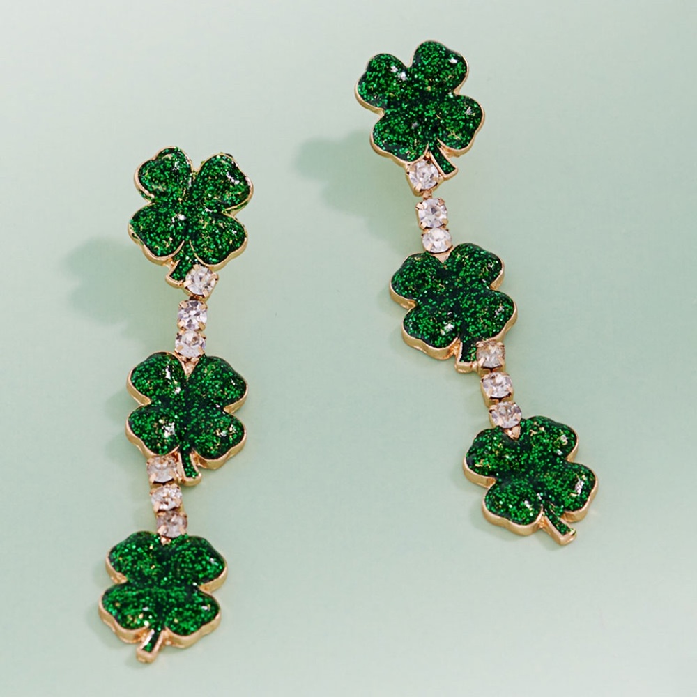 Triple Shamrock Drop Earrings St Patrick’s Irish Day Clover Luck Glitter
